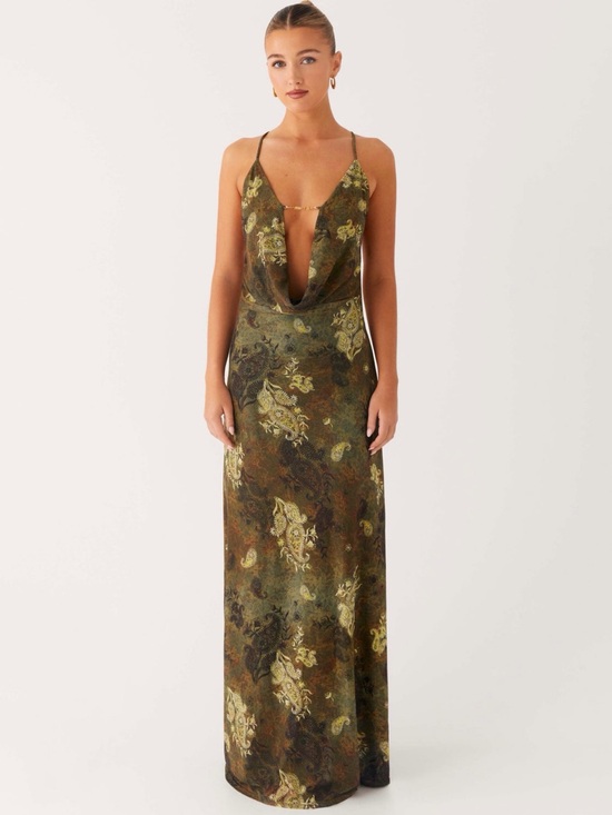 Peppermayo Dresses & Skirts - NWT Peppermayo Olive Green Paisley Cowl Maxi Dress Open Back Size 6